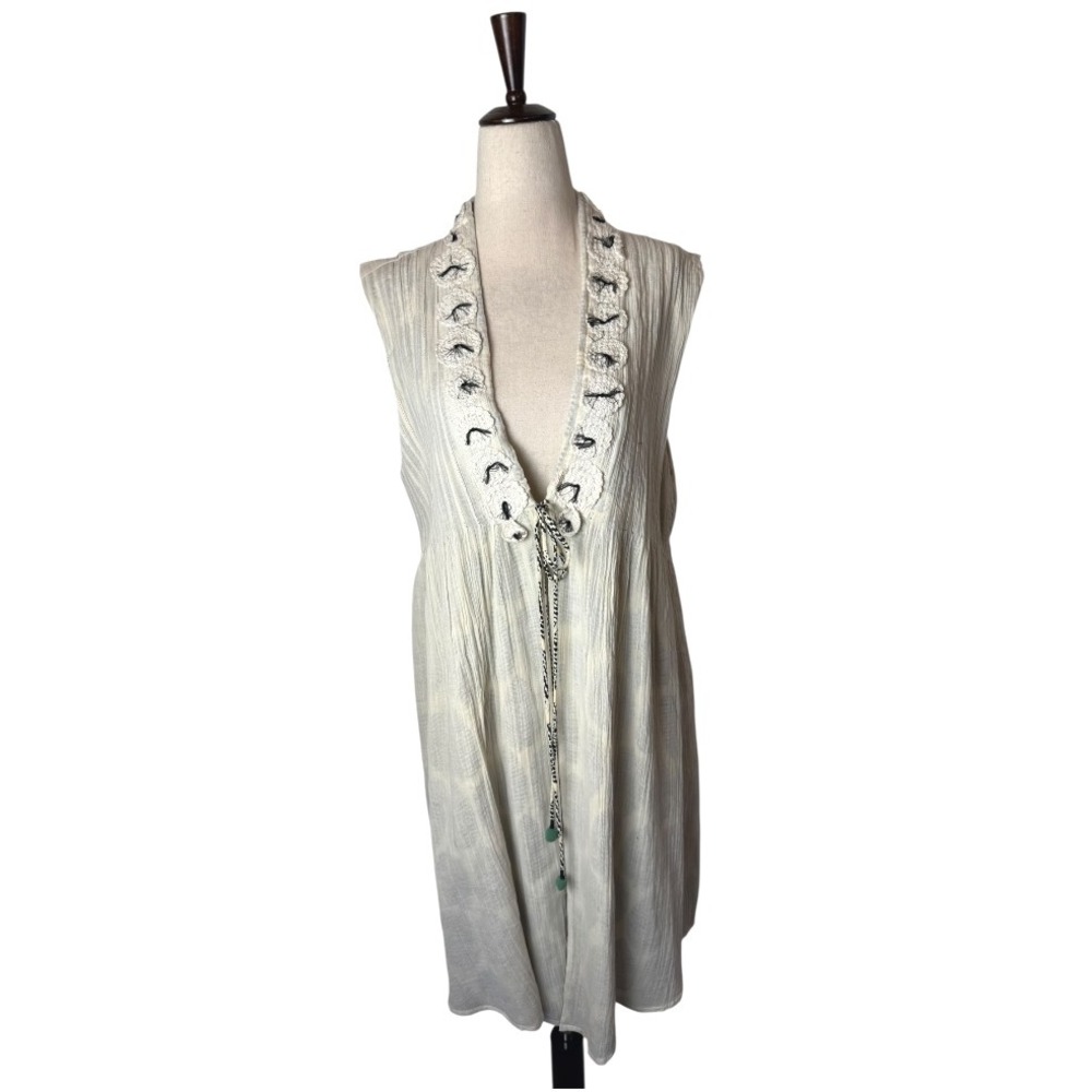 Ivy Jane Vest Women Large Ivory Black Crochet Neckline Tie Front Boho‎ Cottage